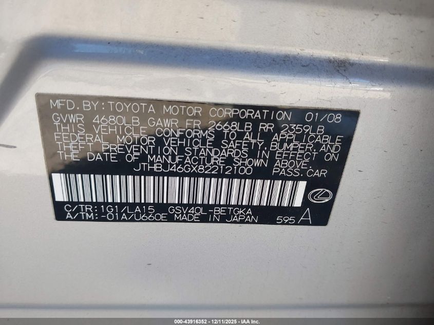 2008 Lexus Es 350 VIN: JTHBJ46GX82212100 Lot: 43916352