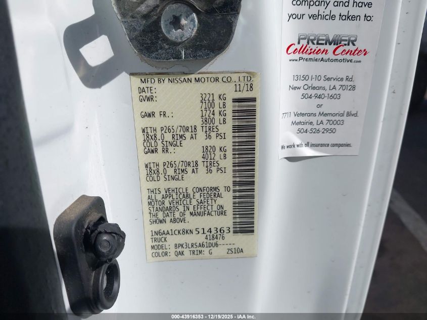 2019 Nissan Titan S VIN: 1N6AA1CK8KN514363 Lot: 43916353