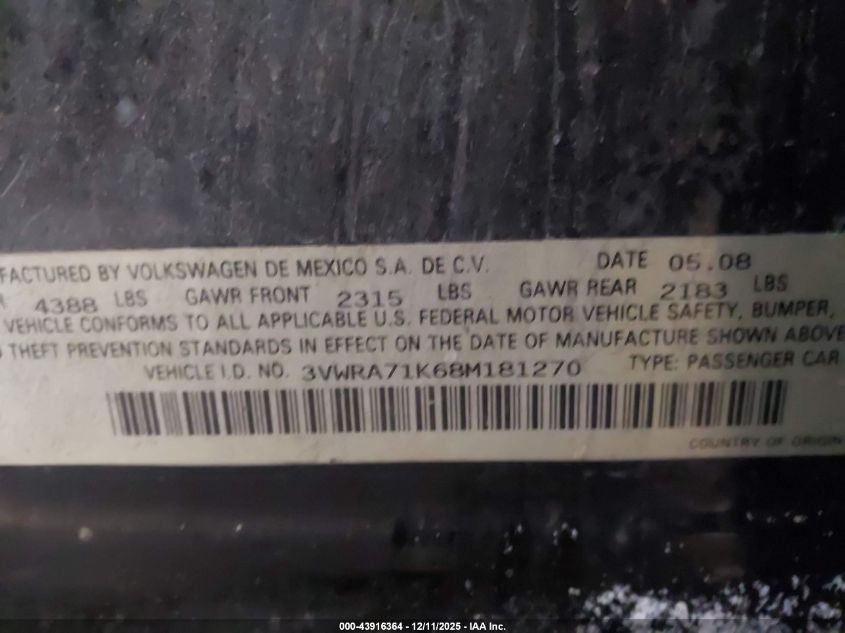 2008 Volkswagen Jetta Wolfsburg Edition VIN: 3VWRA71K68M181270 Lot: 43916364