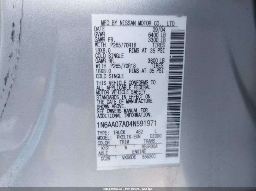 2004 Nissan Titan Se VIN: 1N6AA07A04N591971 Lot: 43916368