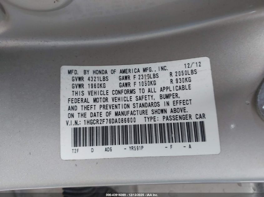 2013 Honda Accord Ex VIN: 1HGCR2F76DA086600 Lot: 43916369