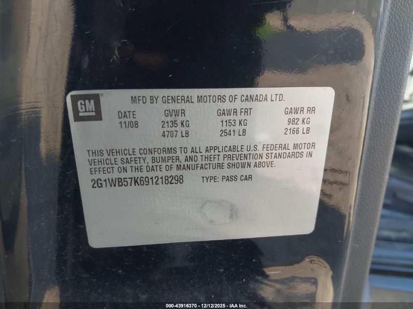 2009 Chevrolet Impala Ls VIN: 2G1WB57K691218298 Lot: 43916370