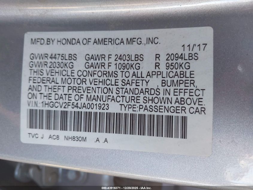 2018 Honda Accord Ex-L 2.0T VIN: 1HGCV2F54JA001923 Lot: 43916371