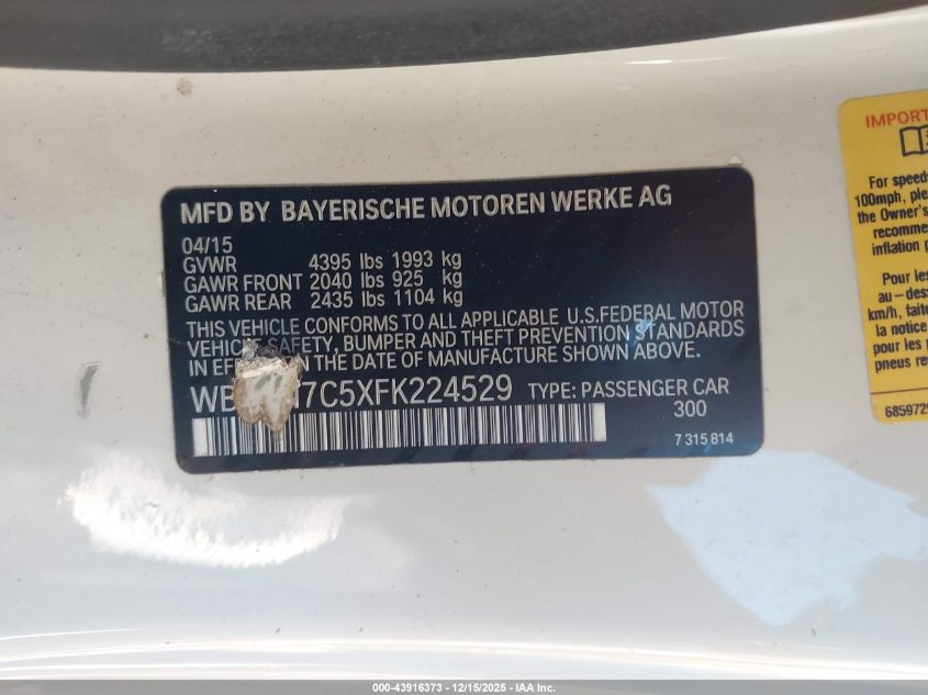 2015 BMW 428I VIN: WBA3N7C5XFK224529 Lot: 43916373