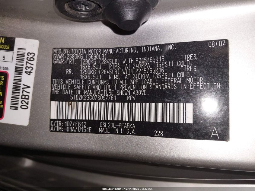 2007 Toyota Sienna Ce VIN: 5TDZK23C07S097761 Lot: 43916381