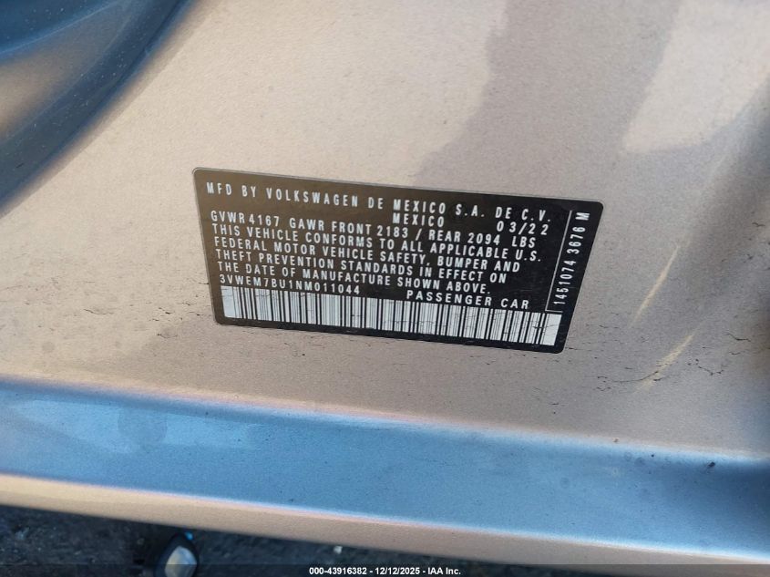2022 Volkswagen Jetta 1.5T Se VIN: 3VWEM7BU1NM011044 Lot: 43916382
