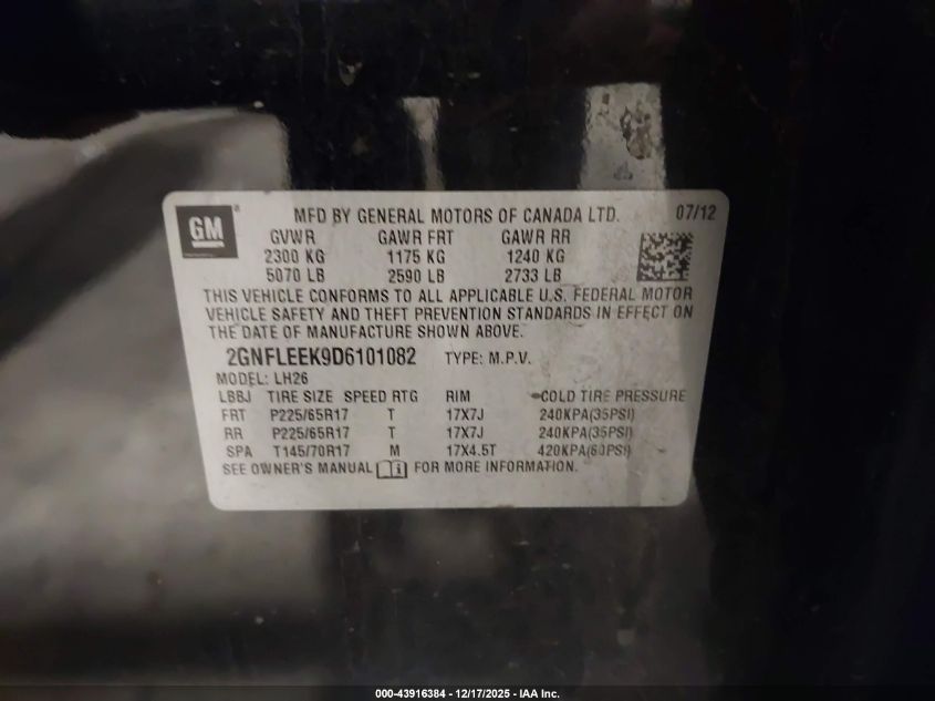 2013 Chevrolet Equinox 1Lt VIN: 2GNFLEEK9D6101082 Lot: 43916384