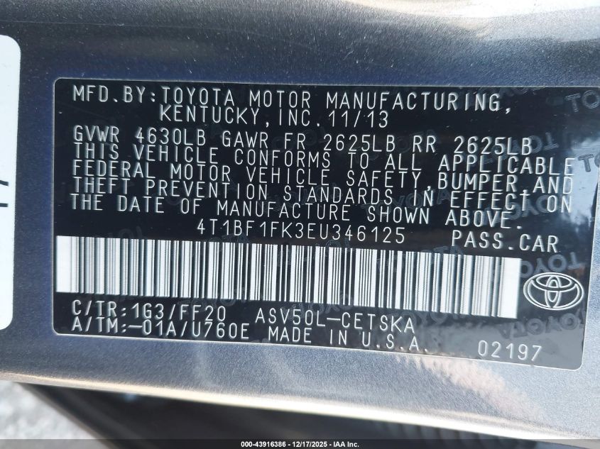 2014 Toyota Camry Se VIN: 4T1BF1FK3EU346125 Lot: 43916386