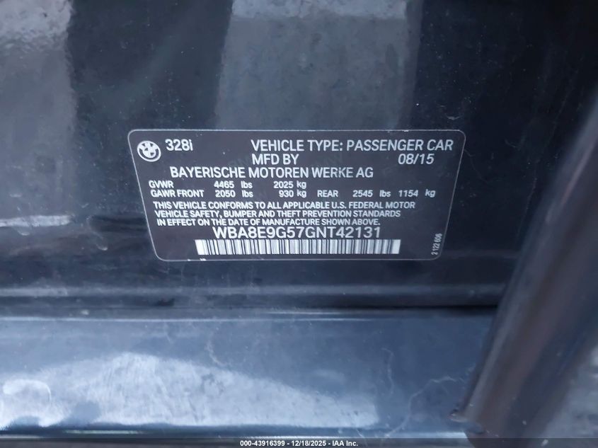 2016 BMW 328I VIN: WBA8E9G57GNT42131 Lot: 43916399