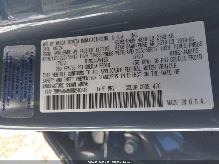 2024 Mazda Cx-50 2.5 S Select VIN: 7MMVABAM8RN240848 Lot: 43916405