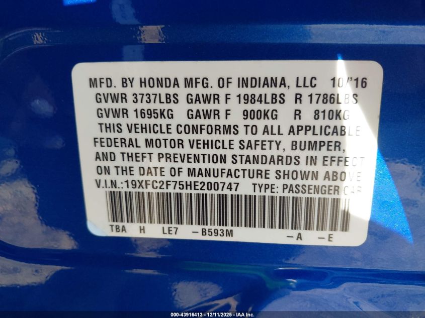 2017 Honda Civic Ex VIN: 19XFC2F75HE200747 Lot: 43916413