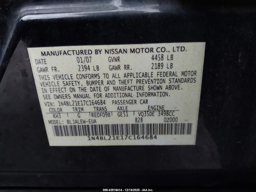 2007 Nissan Altima 3.5 Sl VIN: 1N4BL21E17C164684 Lot: 43916414