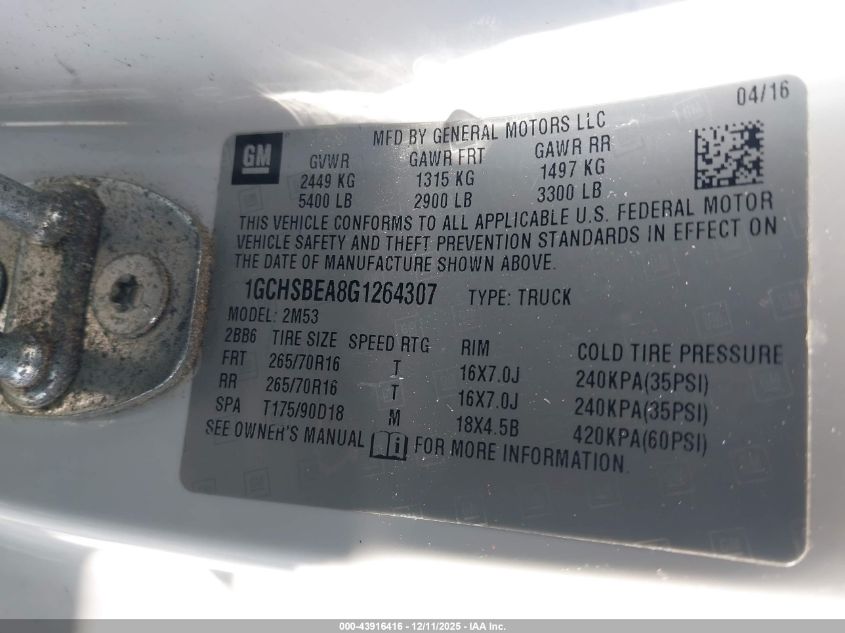 2016 Chevrolet Colorado Wt VIN: 1GCHSBEA8G1264307 Lot: 43916416