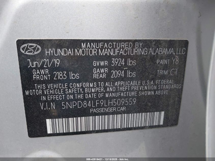 2020 Hyundai Elantra Sel VIN: 5NPD84LF9LH509559 Lot: 43916421