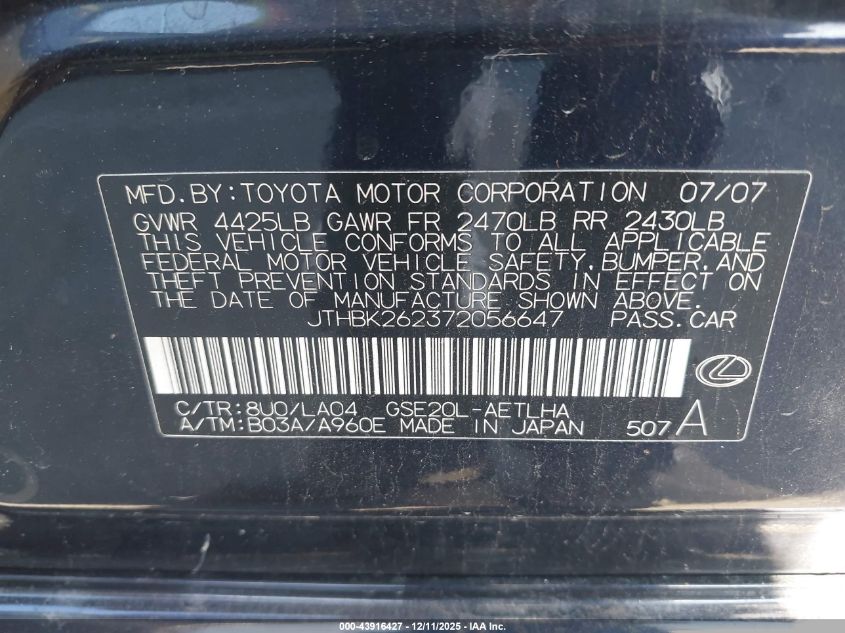 2007 Lexus Is 250 VIN: JTHBK262372056647 Lot: 43916427