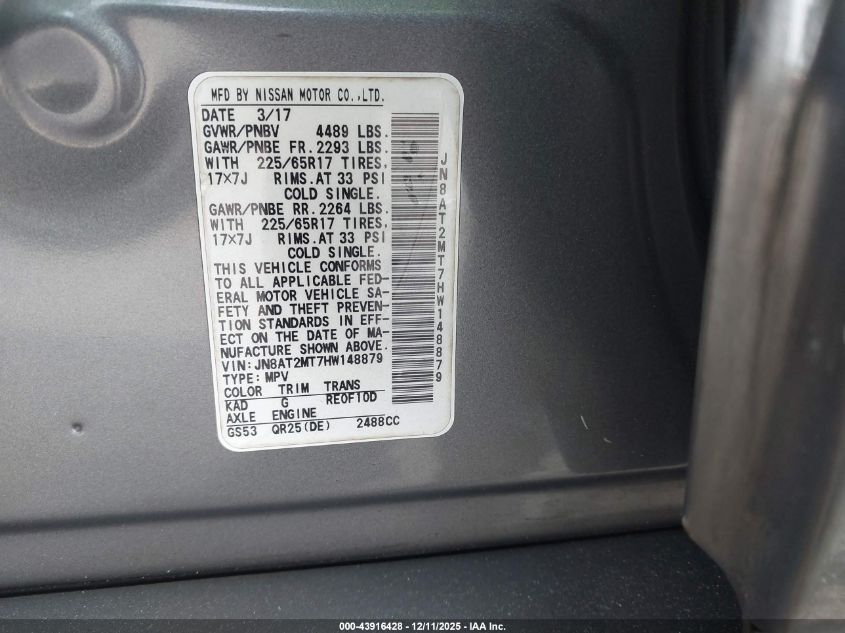 2017 Nissan Rogue S VIN: JN8AT2MT7HW148879 Lot: 43916428