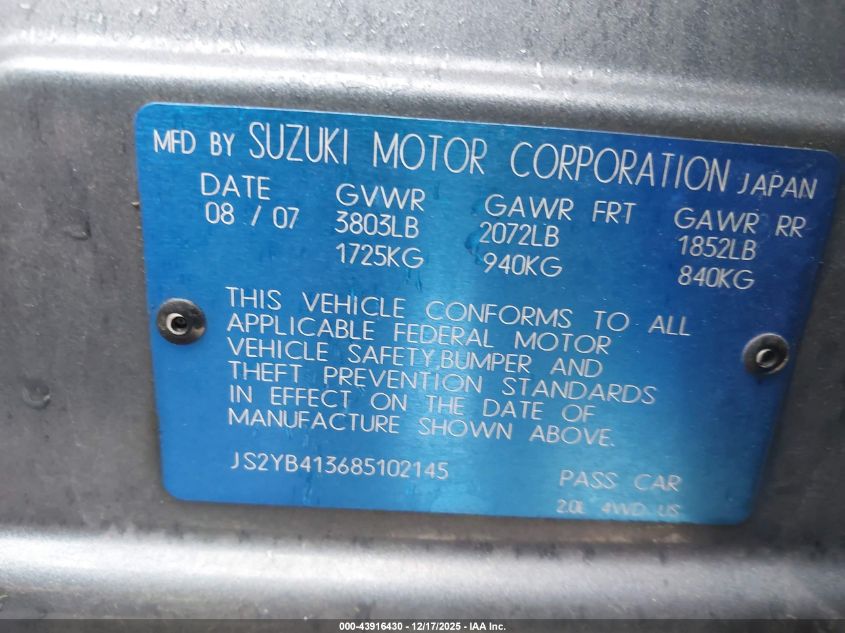 2008 Suzuki Sx4 Convenience/Touring VIN: JS2YB413685102145 Lot: 43916430