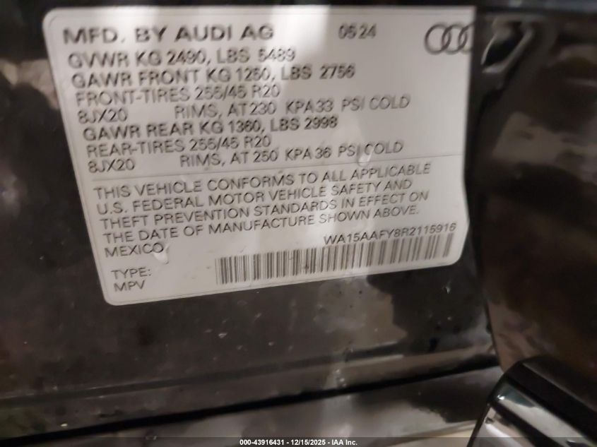 2024 Audi Q5 Sportback Premium Plus 45 Tfsi S Line Quattro S Tronic VIN: WA15AAFY8R2115916 Lot: 43916431