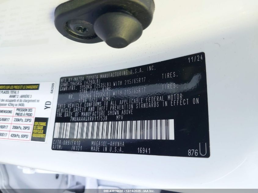 2024 Toyota Corolla Cross L VIN: 7MUAAAAGXRV117538 Lot: 43916438