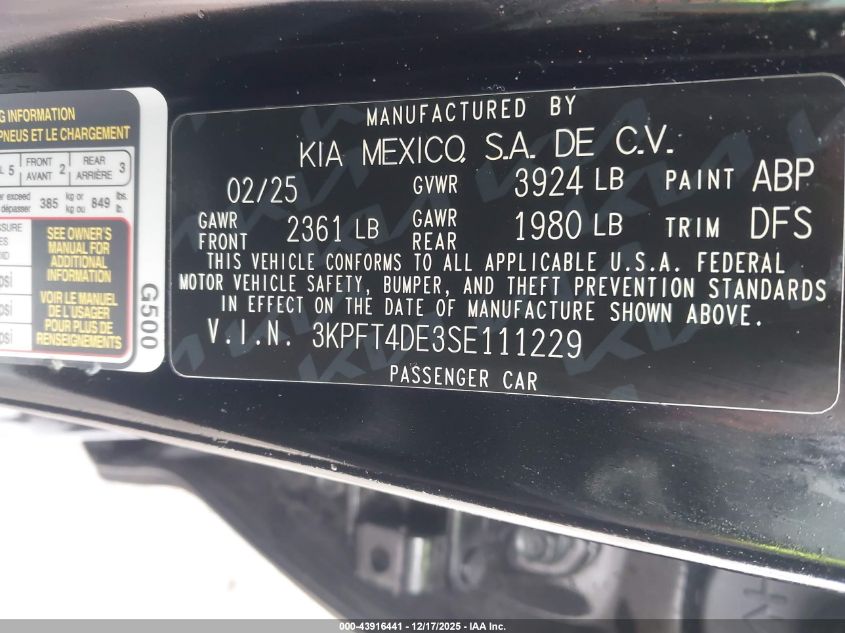 2025 Kia K4 Lxs VIN: 3KPFT4DE3SE111229 Lot: 43916441