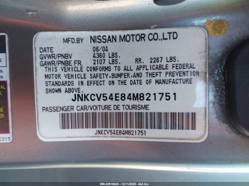 2004 Infiniti G35 VIN: JNKCV54E84M821751 Lot: 43916443