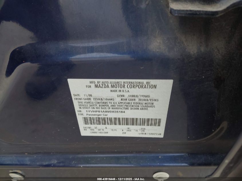 2009 Mazda Mazda6 I Sport VIN: 1YVHP81A895M35184 Lot: 43916446