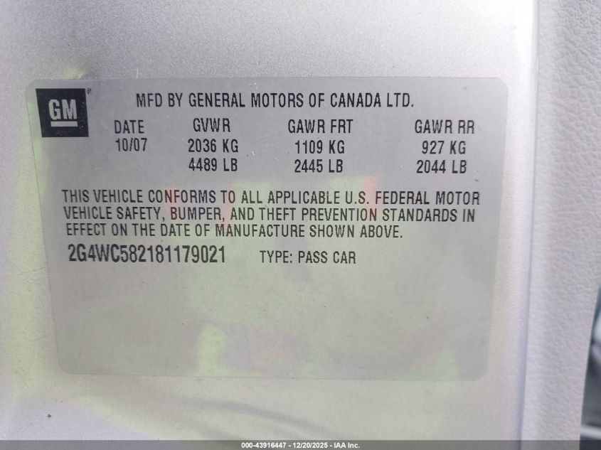 2008 Buick Lacrosse Cx VIN: 2G4WC582181179021 Lot: 43916447