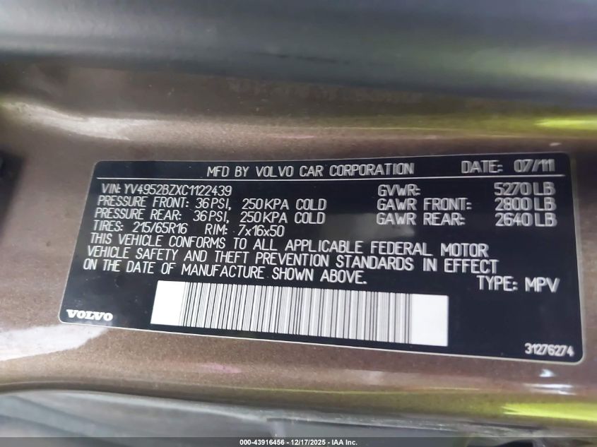 2012 Volvo Xc70 3.2/3.2 Platinum/3.2 Premier/3.2 Premier Plus VIN: YV4952BZXC1122439 Lot: 43916456
