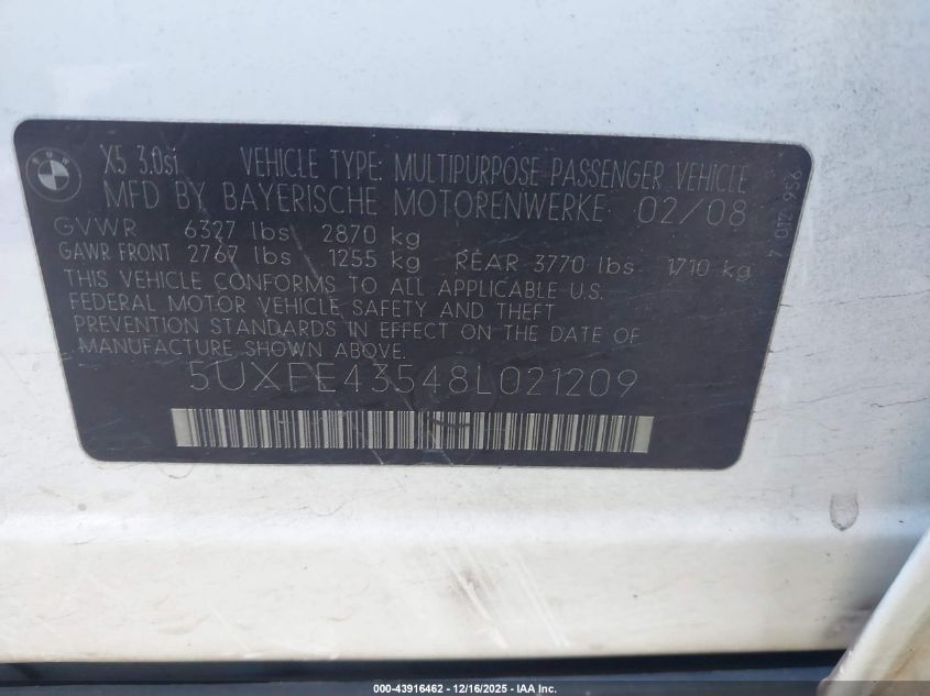 2008 BMW X5 3.0Si VIN: 5UXFE43548L021209 Lot: 43916462