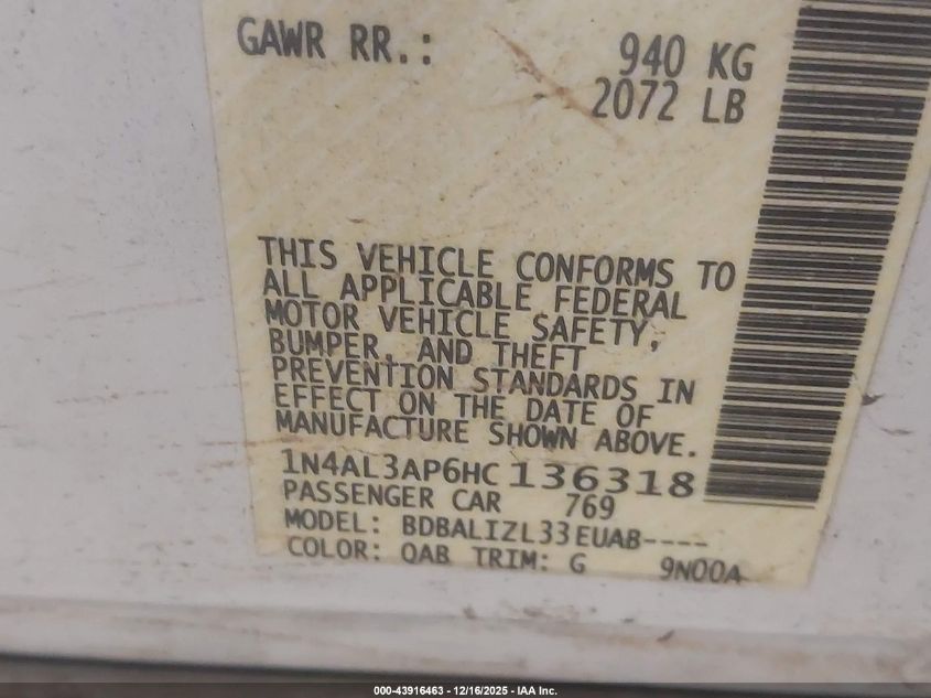 2017 Nissan Altima 2.5 Sv VIN: 1N4AL3AP6HC136318 Lot: 43916463