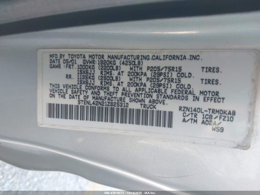 2001 Toyota Tacoma VIN: 5TENL42N21Z825312 Lot: 43916472