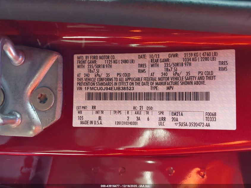 2014 Ford Escape Titanium VIN: 1FMCU0J94EUB38523 Lot: 43916477