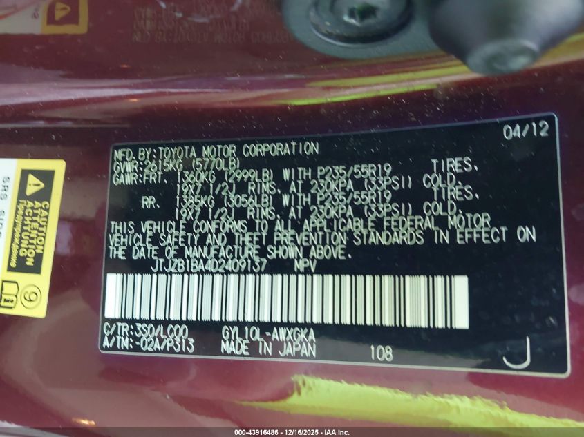 2013 Lexus Rx 450H VIN: JTJZB1BA4D2409137 Lot: 43916486