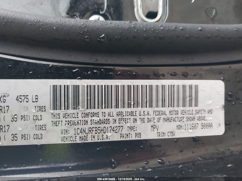 2017 Jeep Patriot Latitude 4X4 VIN: 1C4NJRFB5HD174277 Lot: 43916488