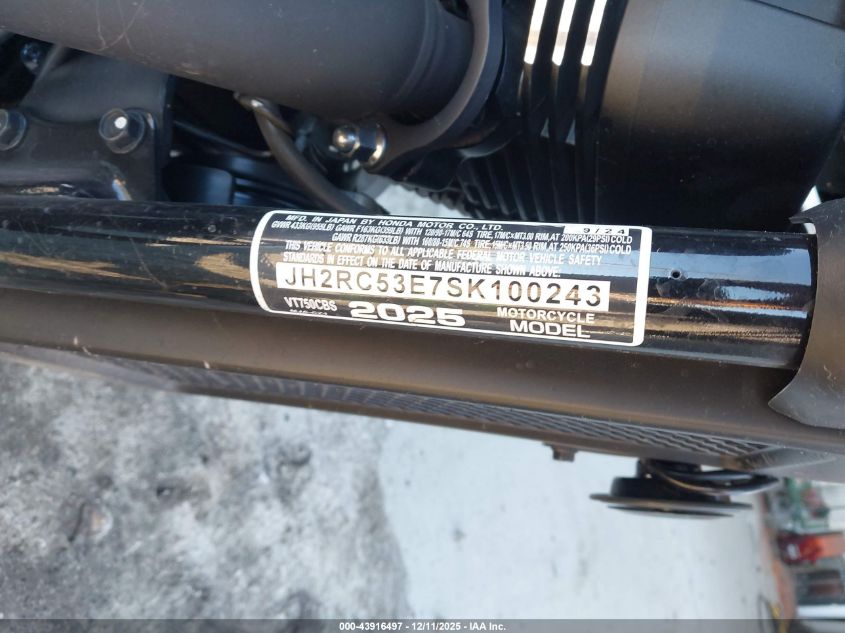 2025 Honda Vt750 C2B VIN: JH2RC53E7SK100243 Lot: 43916497