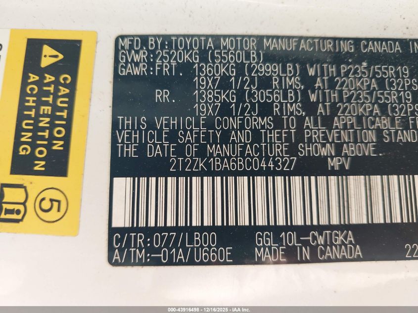 2011 Lexus Rx 350 VIN: 2T2ZK1BA6BC044327 Lot: 43916498