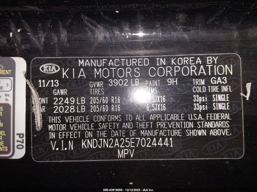 2014 Kia Soul VIN: KNDJN2A25E7024441 Lot: 43916500