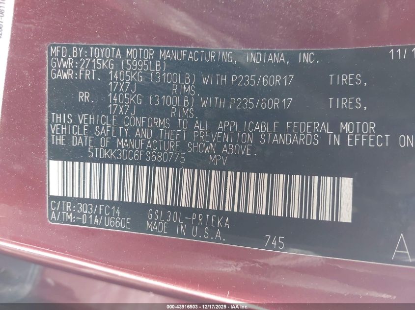 2015 Toyota Sienna Le 8 Passenger VIN: 5TDKK3DC6FS680775 Lot: 43916503