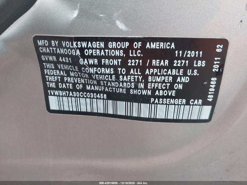 2012 Volkswagen Passat 2.5L Se VIN: 1VWBH7A30CC030456 Lot: 43916508