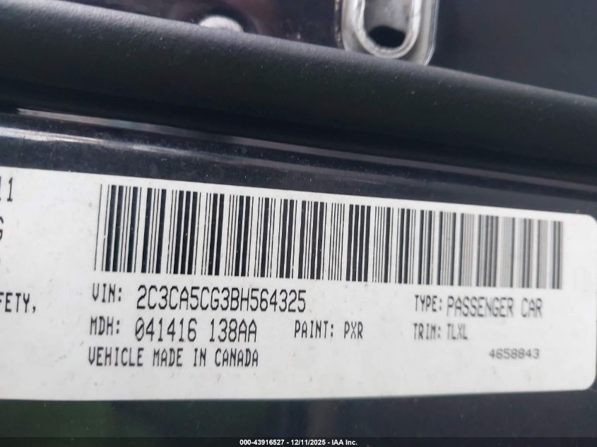 2011 Chrysler 300 Limited VIN: 2C3CA5CG3BH564325 Lot: 43916527