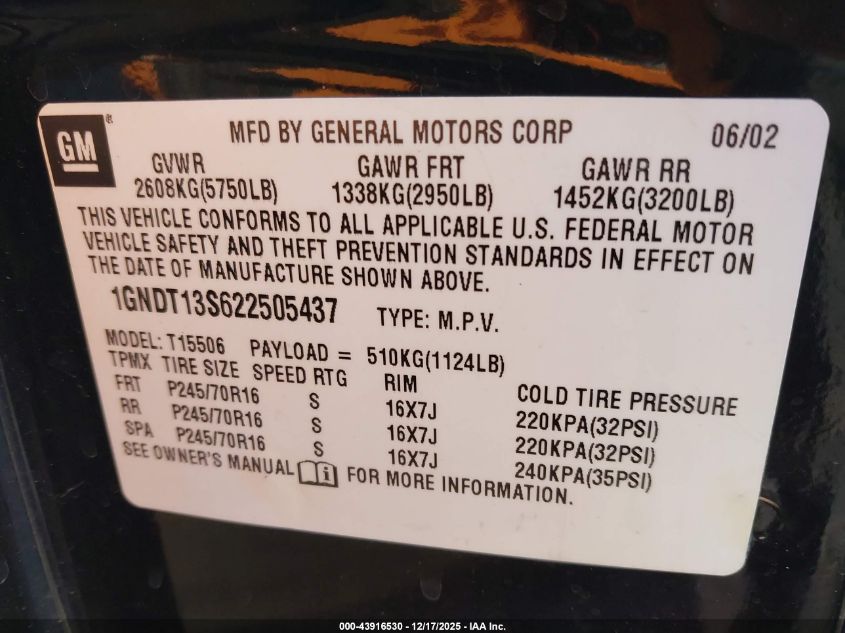 2002 Chevrolet Trailblazer Ls VIN: 1GNDT13S622505437 Lot: 43916530