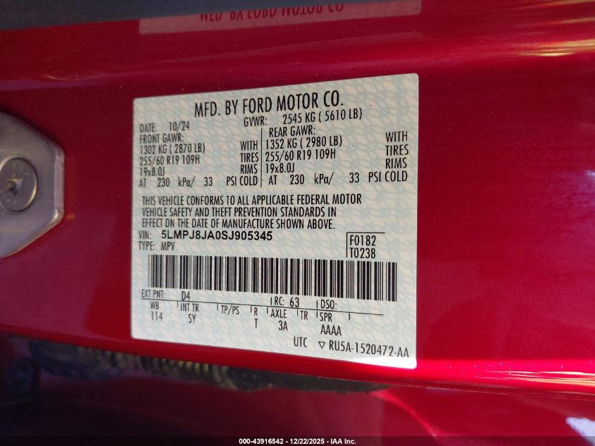 2025 Lincoln Nautilus Premiere VIN: 5LMPJ8JA0SJ905345 Lot: 43916542