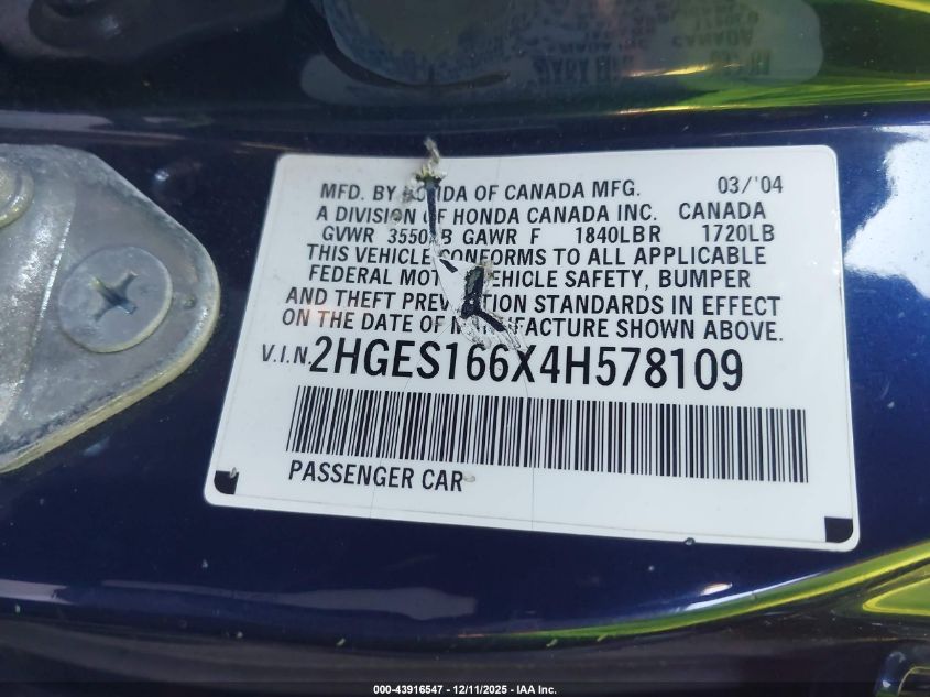 2004 Honda Civic Lx VIN: 2HGES166X4H578109 Lot: 43916547