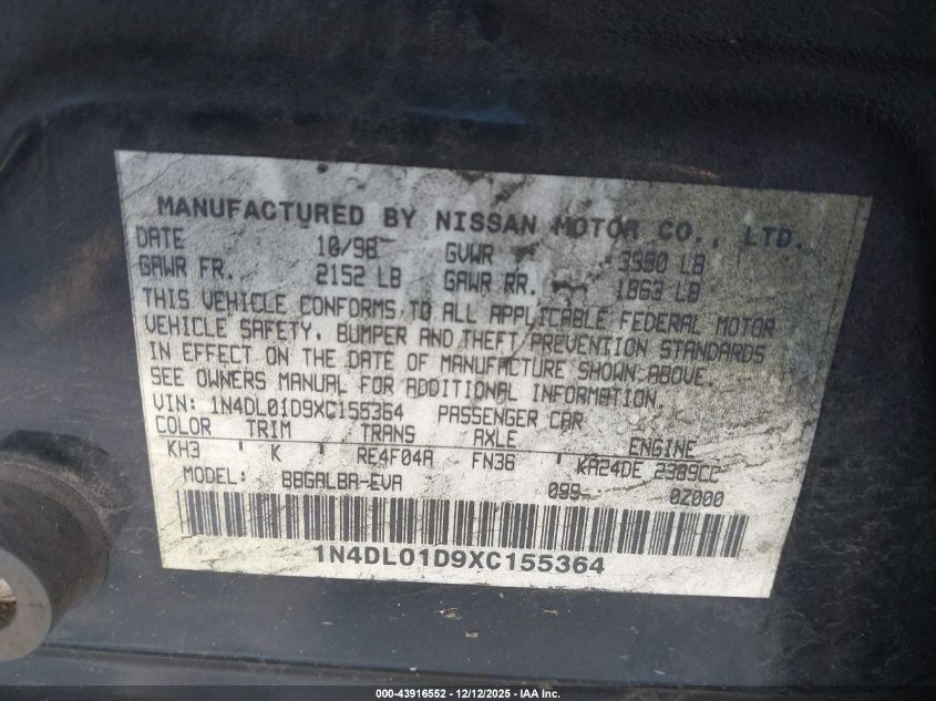 1999 Nissan Altima Gle/Gxe/Se/Se-L/Xe VIN: 1N4DL01D9XC155364 Lot: 43916552