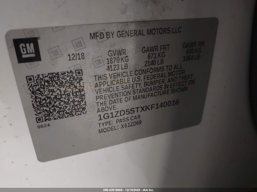 2019 Chevrolet Malibu Lt VIN: 1G1ZD5STXKF140016 Lot: 43916565