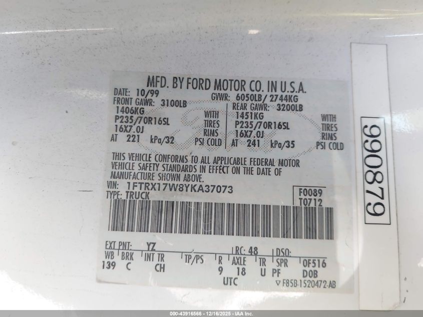 2000 Ford F-150 Lariat/Work Series/Xl/Xlt VIN: 1FTRX17W8YKA37073 Lot: 43916566