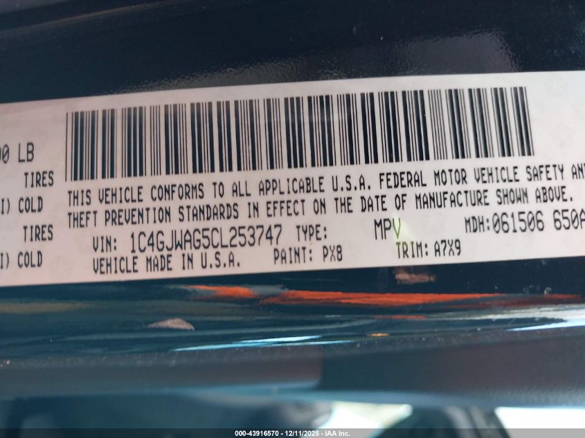 2012 Jeep Wrangler Sport VIN: 1C4GJWAG5CL253747 Lot: 43916570