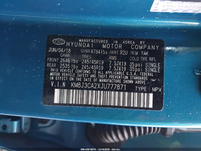 2018 Hyundai Tucson Limited VIN: KM8J3CA2XJU777871 Lot: 43916578