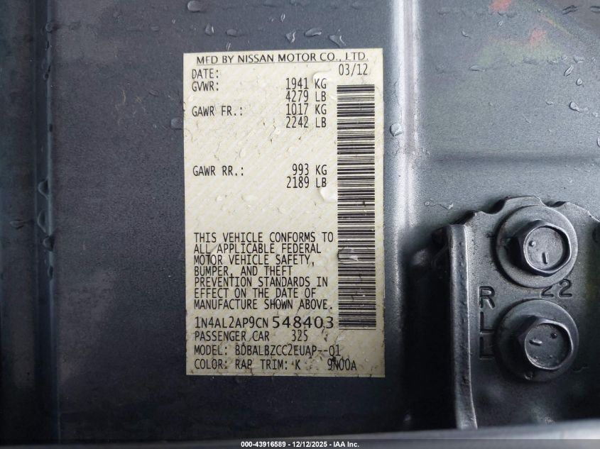 2012 Nissan Altima 2.5 S VIN: 1N4AL2AP9CN548403 Lot: 43916589