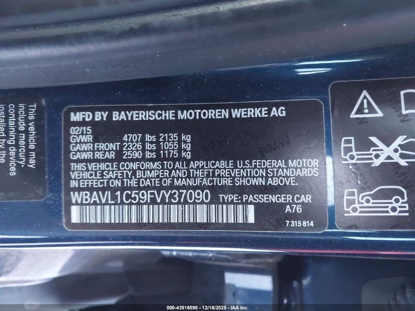 2015 BMW X1 xDrive28I VIN: WBAVL1C59FVY37090 Lot: 43916598